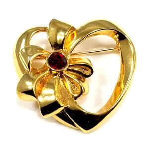 Vintage Avon Brooch Pin, Heart Shaped, Red Rhinestone, January Birthstone